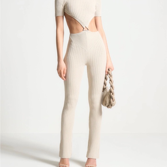 Maniere De Voir Pants - Maniere De Voir Cream Halter Jumpsuit with Cut-Out Details